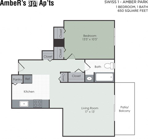 Floor plan for 1 bed, 1 bath, 662 sqft